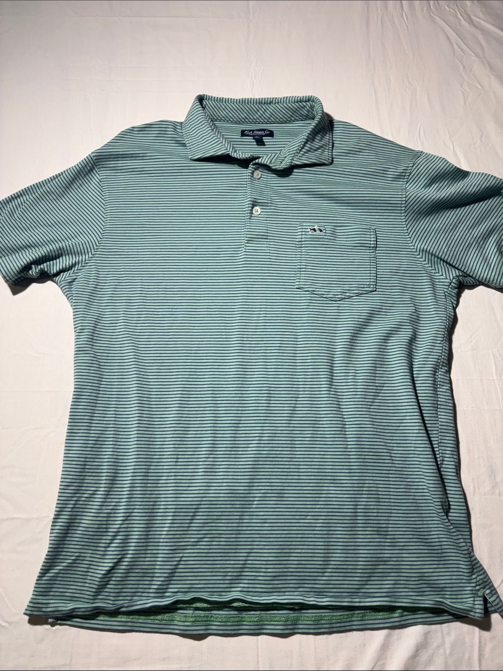 Fish Hippie Men’s Large Striped Polo Shirt Green Blue Pocket Short Sleeve
